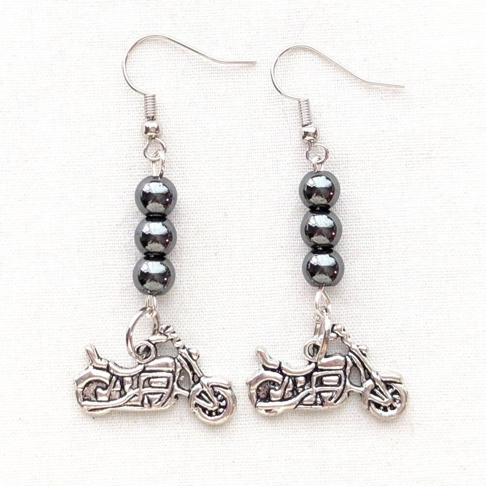 Motorcycle Dangle Earrings Hematite Beaded Bold Handmade Bike Biker Moto Jewelry